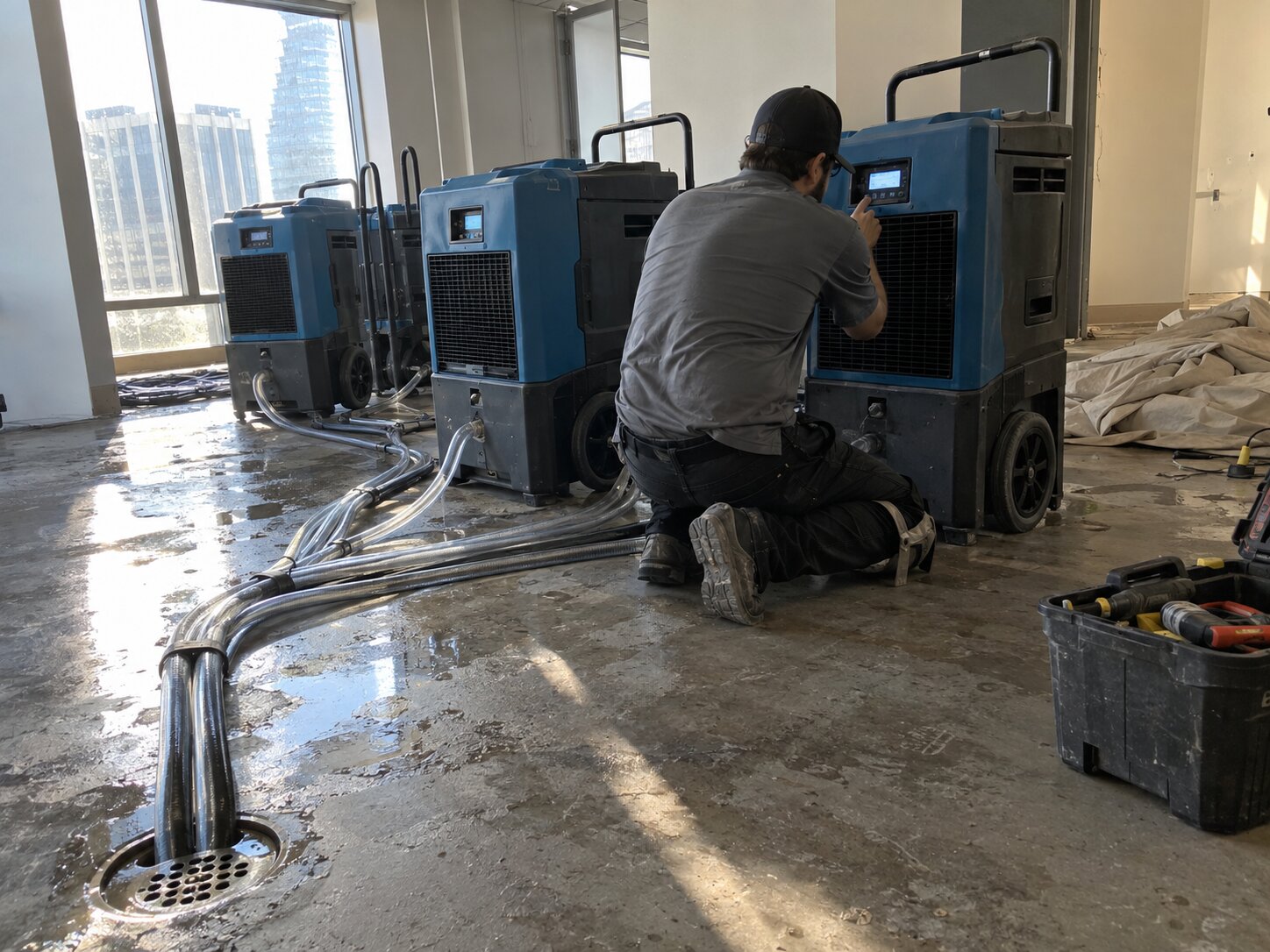 Commercial dehumidifier bank running after a water loss in Rooftop Units by 7th Degree Heating and Air