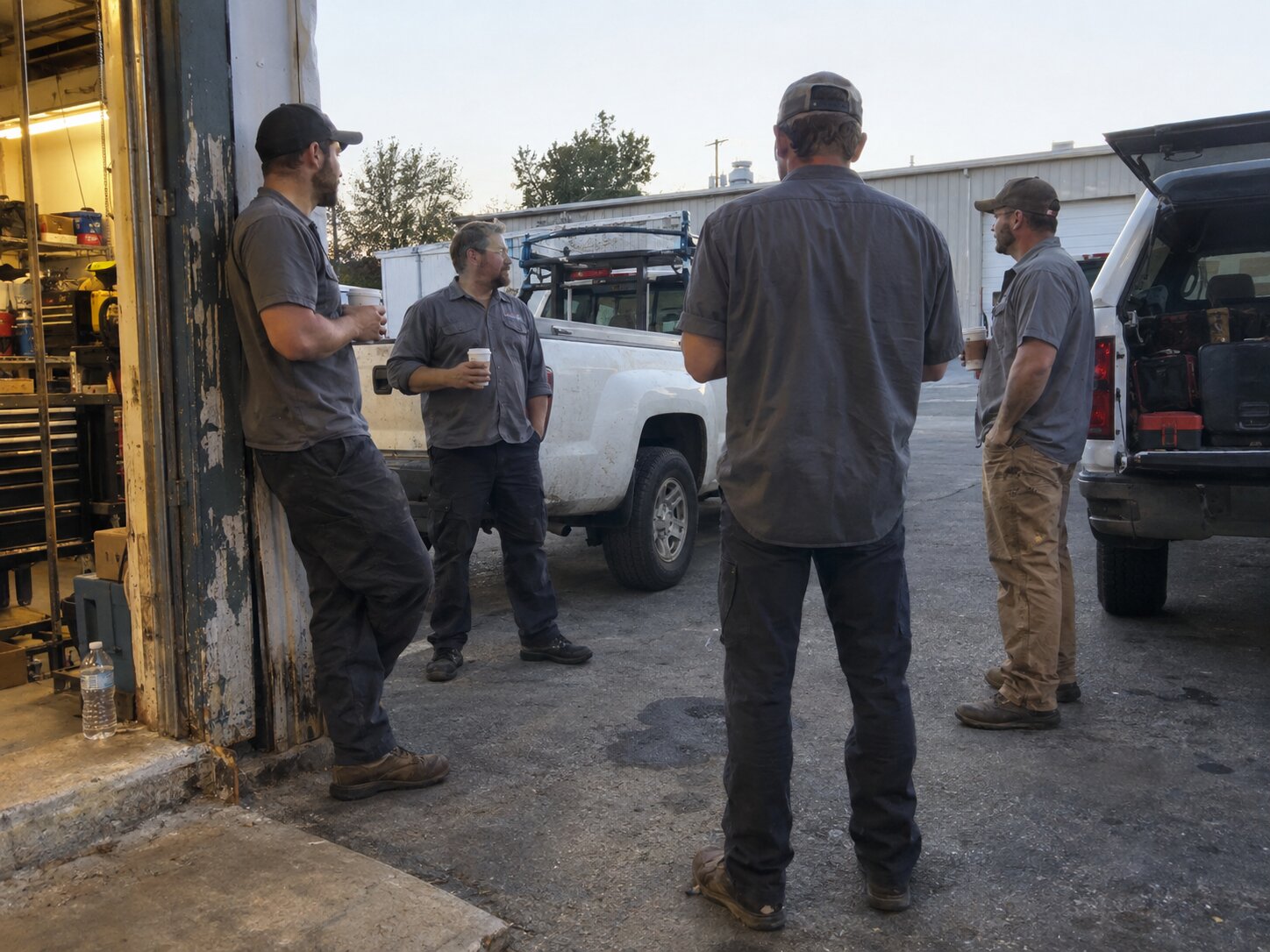 Crew starting a work day next to work trucks by 7th Degree Heating and Air