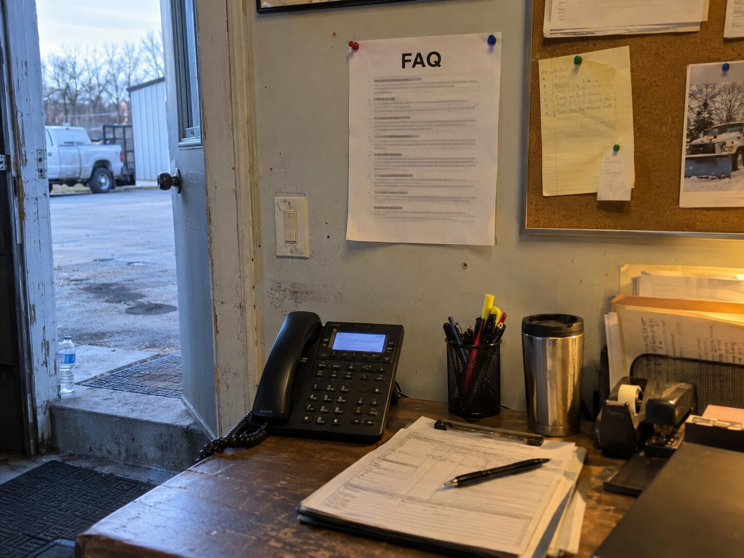 Printed FAQ sheet pinned on a shop office wall by 7th Degree Heating and Air