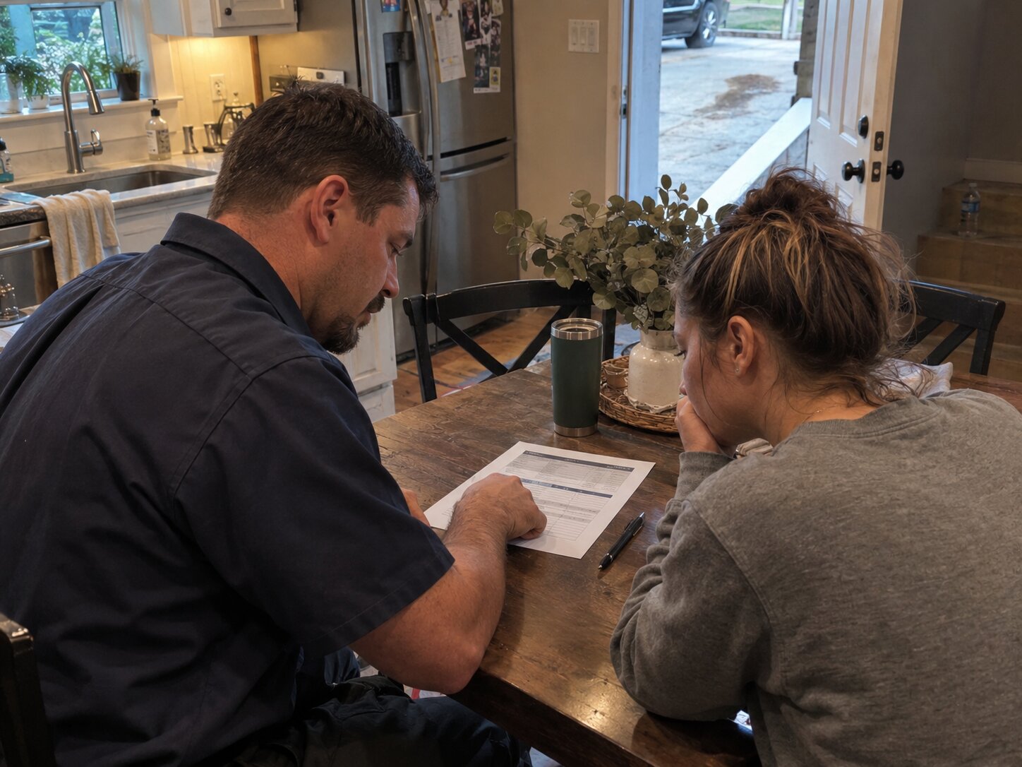 Reviewing financing options at a kitchen table by 7th Degree Heating and Air