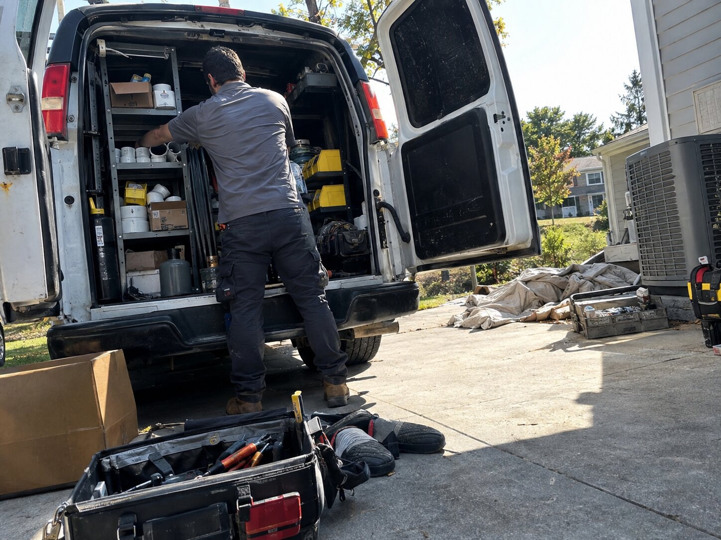Stocked HVAC service van in a driveway in Installation by 7th Degree Heating and Air