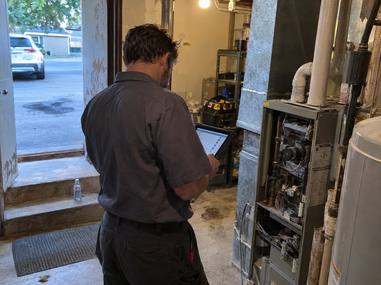 Residential HVAC maintenance walkthrough with a tablet checklist in Maintenance by 7th Degree Heating and Air