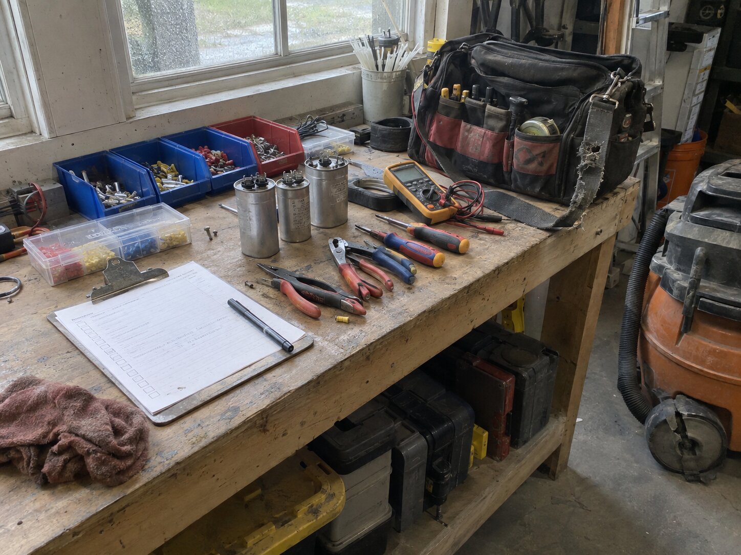 Shop workbench during a morning tool check in Ac Capacitor Replacement by 7th Degree Heating and Air