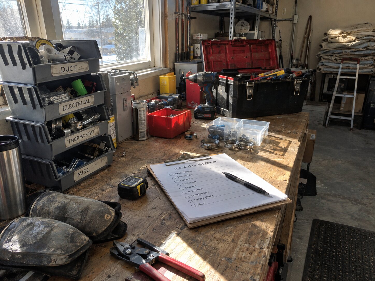 Shop workbench during a morning tool check in Installation by 7th Degree Heating and Air