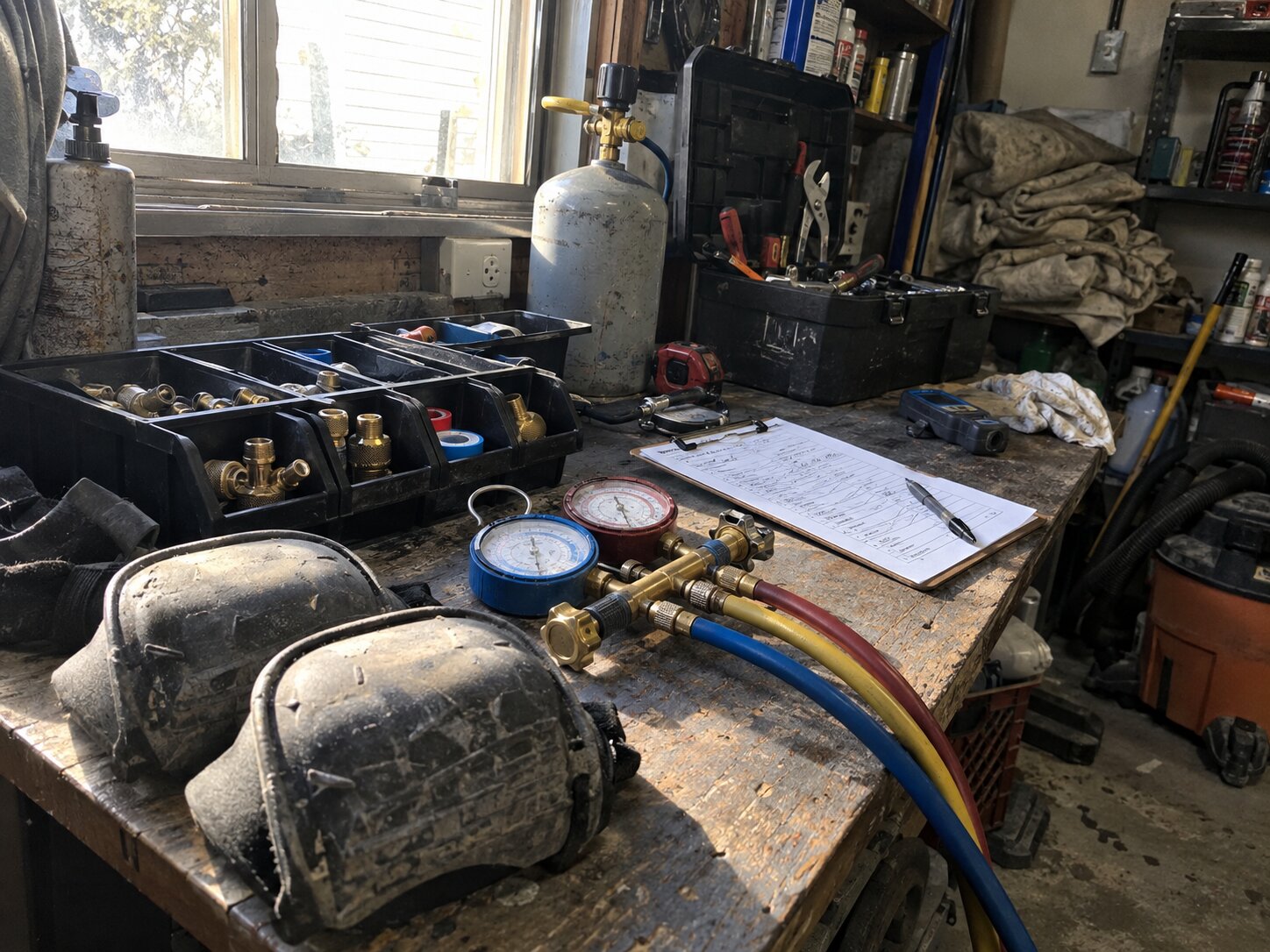 Shop workbench during a morning tool check in Refrigerant Recharge by 7th Degree Heating and Air