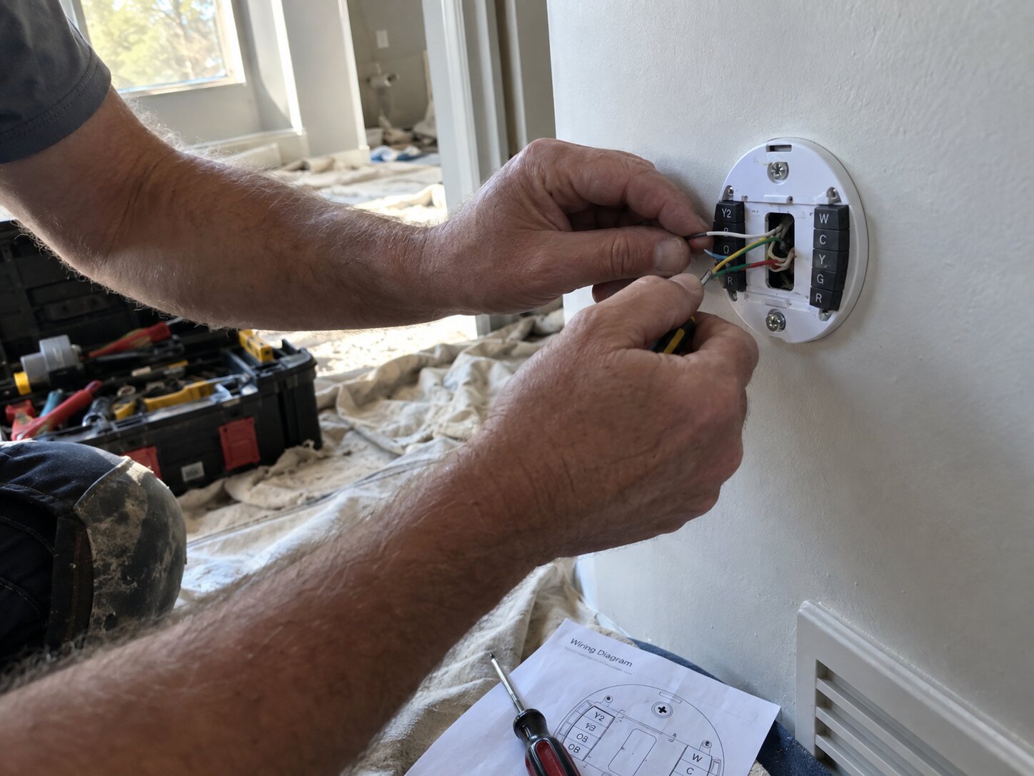 Connecting labeled wires to a smart thermostat sub-base in Installation by 7th Degree Heating and Air