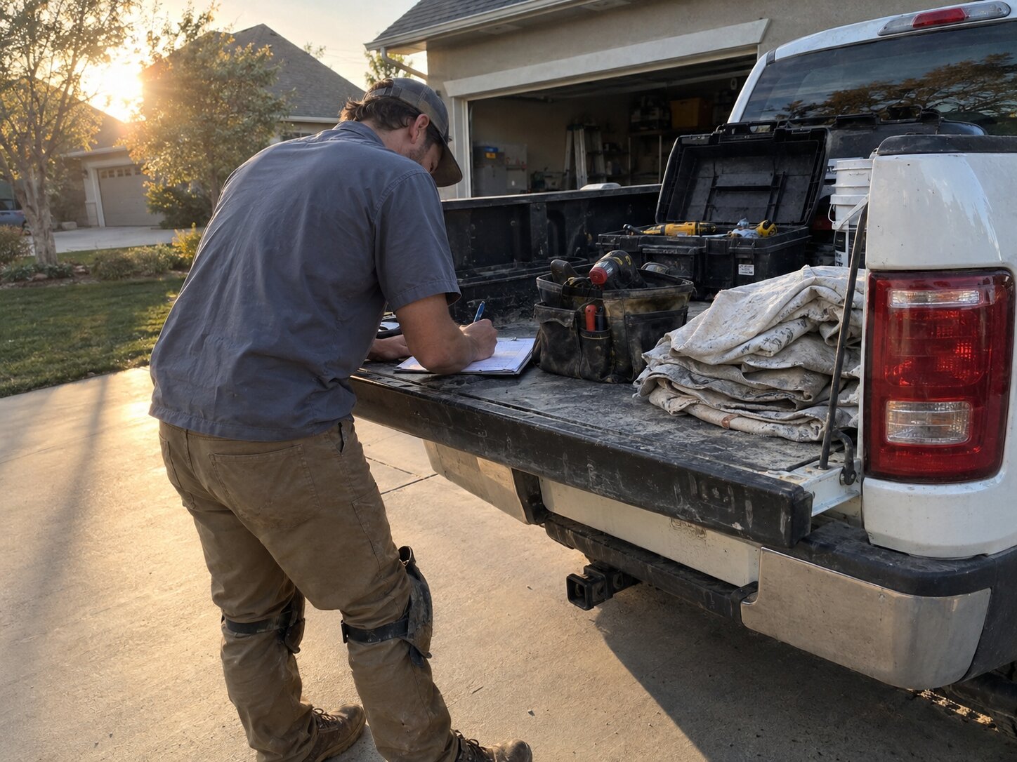 Technician wrapping paperwork on a work truck tailgate by 7th Degree Heating and Air