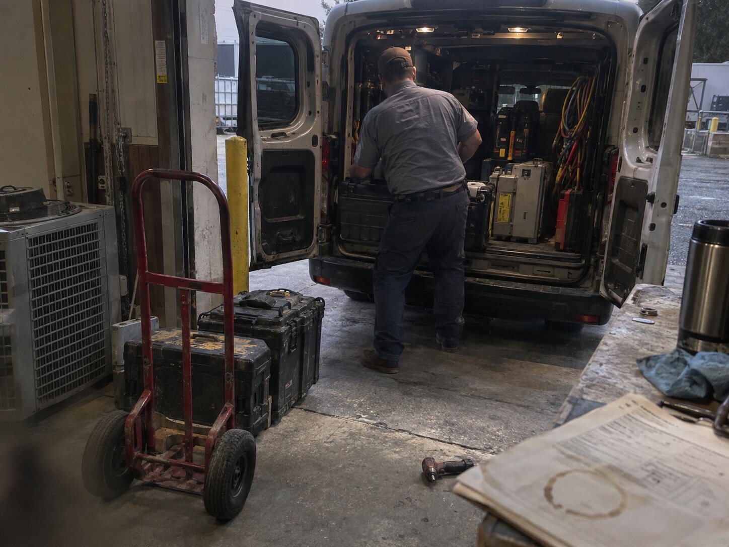 Loading assorted service equipment into a work truck by 7th Degree Heating and Air